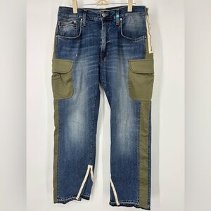 NWOT +People Denim Patchwork Zipper Boyfriend Jean Blue Green 28